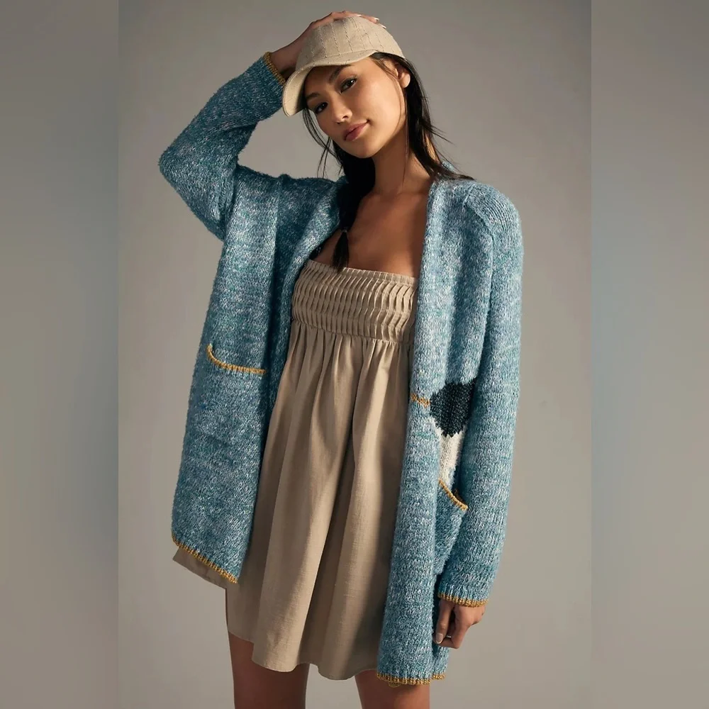 RARE Anthropologie Viral Blue Narwhal Knit Cardigan Sweater M/L - Picture 3 of 8